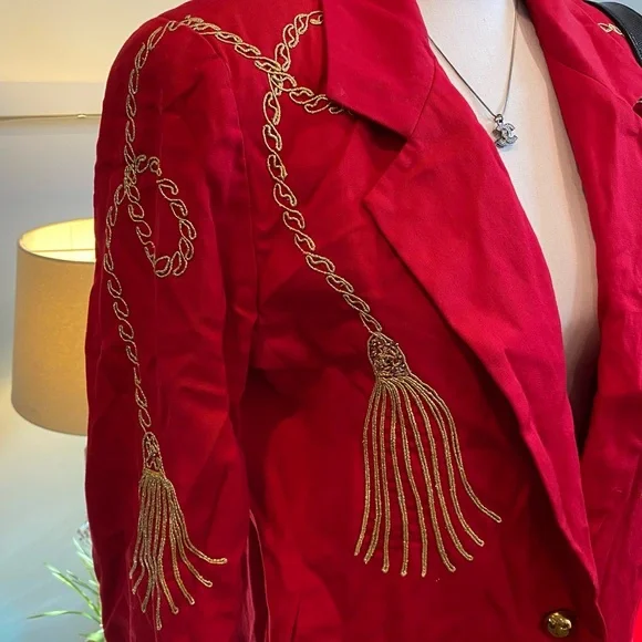 Vintage 80s Red Blazer with Gold Tassel Embroidery, Power Dressing, Women's LG - Picture 2 of 7